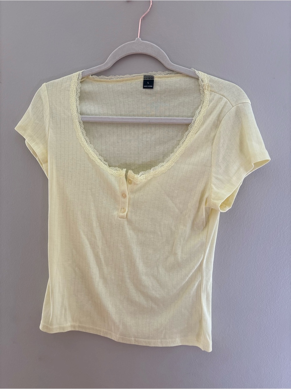 SHEIN Lace-Trim Ribbed Scoop Tee - Pale Yellow
